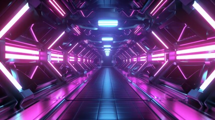 Futuristic Neon Tunnel with Vibrant Pink and Blue Lights and Abstract Geometric Horizontal Design