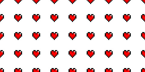 Pixel art red hearts on white background in grid seamless pattern