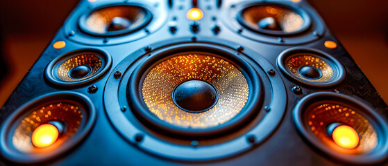 Professional audio equipment with loudspeakers and bass technology in studio setup