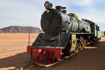 Fototapeta na wymiar Old train at Wadi Rum desert in Jordan