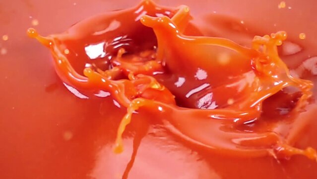 close up of natural cutted tomato falling in juice, advertising of vegetable juice splashing, super slow motion