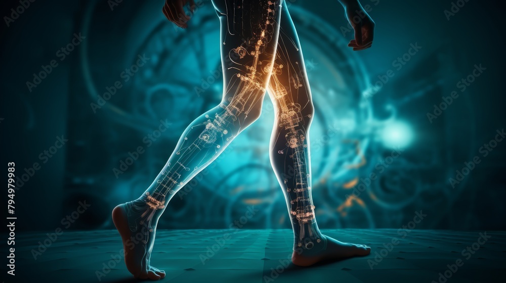 Poster biomedical engineer working on a prosthetic limb, using precise tools and intricate designs.
