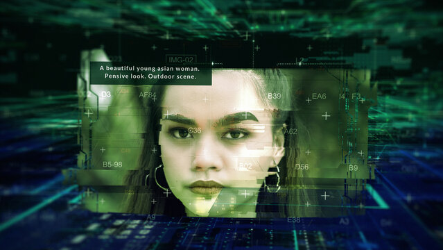 Generative AI image concept with digital background. Creating a unique image of a woman from text prompts. Text-to-image models - Powered by Adobe