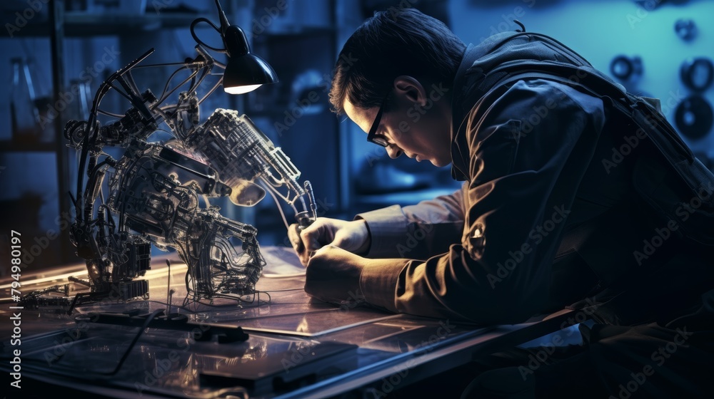Poster biomedical engineer working on a prosthetic limb, using precise tools and intricate designs.