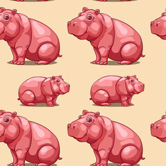 A series of pink hippos are sitting on a yellow background