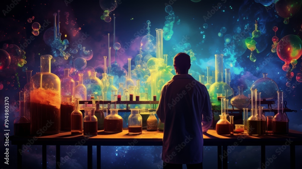 Poster a chemical engineer conducting an experiment in a laboratory, surrounded by bubbling flasks and colorful chemicals.