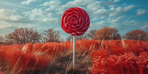 Playful 5G tower disguised as a giant swirled lollipop beaming connectivity signals  - obrazy, fototapety, plakaty