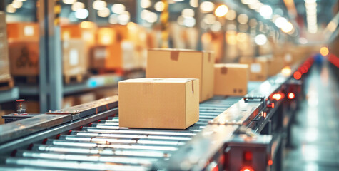 Cardboard box packages seamlessly moving along a conveyor belt in a warehouse fulfillment center, e-commerce, delivery, automation, and products Logistics import export goods