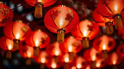 Obraz premium Jiufen old street with tourists walking and shopping .at night Traditional Chinese lanterns hanging along the narrow street.