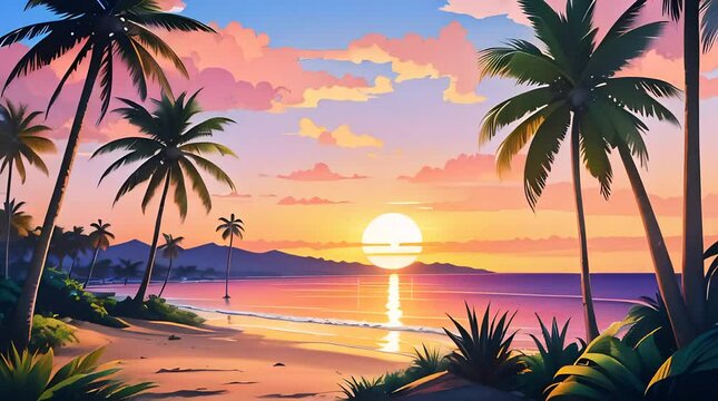 a painting motion horizontal background of a tropical sunset with palm trees in the style of retro wave illustration