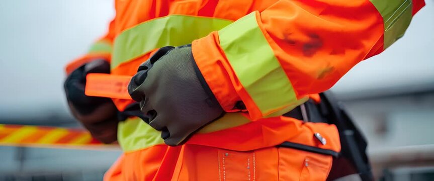 Worker adjusting a reflective safety belt, ensuring visibility