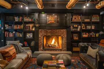 A cozy fireplace lounge with plush sofas, a crackling fire, and shelves filled with board games and books, Generative AI