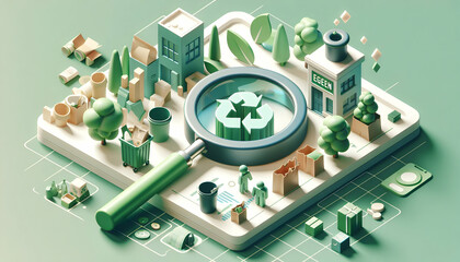 Green Insight: 3D Icon of Discovering Sustainable Solutions Through a Magnifying Glass on Zero Waste Themed Isometric Scene