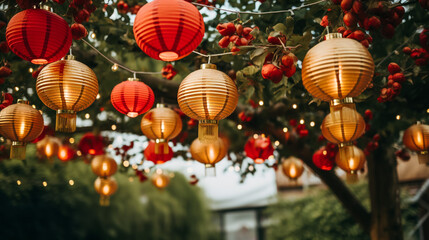 Naklejka premium Jiufen old street with tourists walking and shopping .at night Traditional Chinese lanterns hanging along the narrow street.