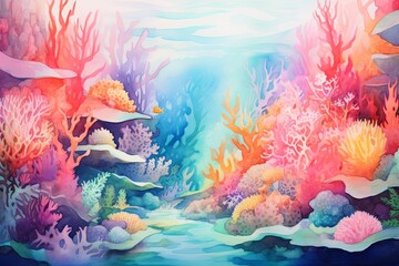 Fototapeta na wymiar Tropical Coral Reef Tranquil Watercolor Gradients: Serene Ocean Art