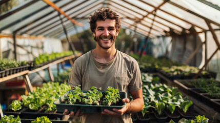 Happy Young Farmer with Seedlings in a Sustainable Greenhouse - 794984509