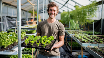 Happy Young Farmer with Seedlings in a Sustainable Greenhouse - 794984533