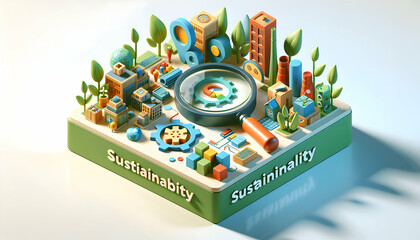 3D Showcase: Magnifying Glass Spotlights Sustainability Achievements on Abstract Wallpaper in Isometric Scene