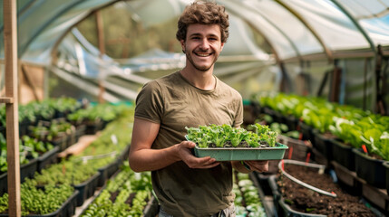 Happy Young Farmer with Seedlings in a Sustainable Greenhouse - 794984594