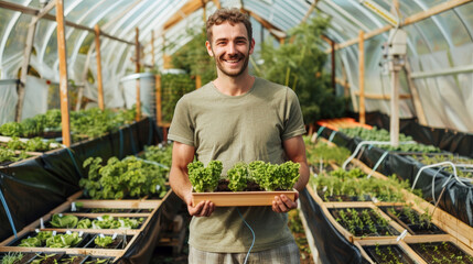 Happy Young Farmer with Seedlings in a Sustainable Greenhouse - 794984595