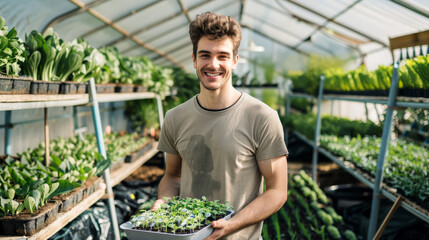 Happy Young Farmer with Seedlings in a Sustainable Greenhouse - 794984720