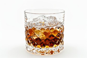 Tableware with liquid Cognac and ice cubes on white background