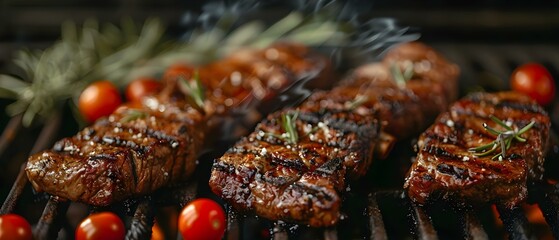 Close-up Shot of Grilled Meat and Vegetables on the Grill. Concept Food Photography, Grilled Delights, BBQ Season, Foodie Creations