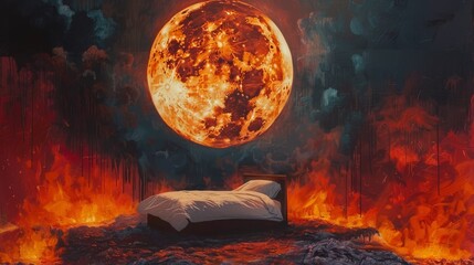 Surreal scene of a bed amidst flames under a blood-red moon, serene despite the fiery surroundings, a watchful eye in the sky