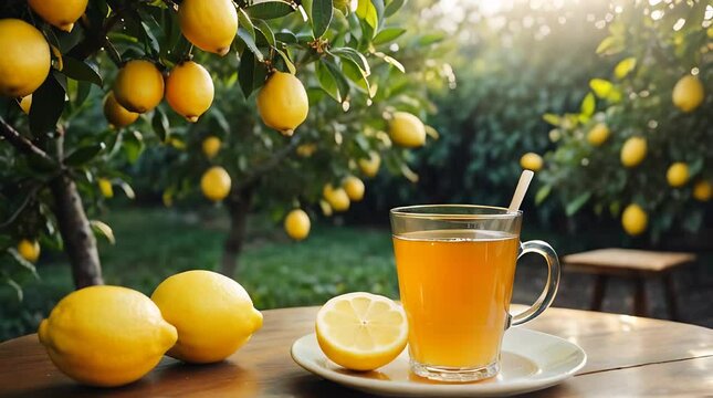 Lemon tea, alternative medicine antioxidant beverage, a cup of lemon drink on the table outdoors and lemon trees yard on the background
