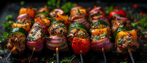 Fototapeta premium Shish Kebabs: Grilled Lamb and Vegetable Skewers. Concept Grilled Lamb, Vegetable Skewers, BBQ Recipes, Summer Grilling, Savory Marinades