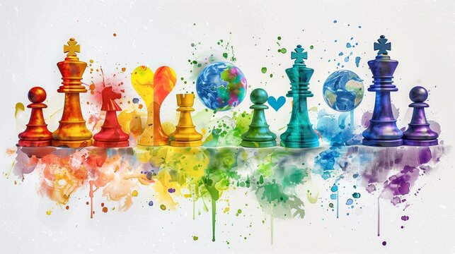 paintings and postcards rainbow heart chess piece and the planet are painted with watercolors, International Chess Day Concept
