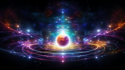 A cosmic scene where neon runes float in space, each incantation causing spacetime to ripple, revealing the miracle of cosmic forces