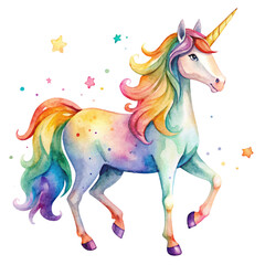 Obraz na płótnie Canvas Cartoon watercolor unicorn illustration, fairy tale creature on transparent background