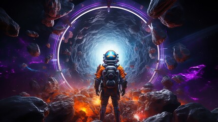 An astronaut exploring a newly discovered planet, equipped with cyberpunkstyle hitech gear, surrounded by alien technology and vivid colors
