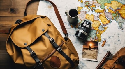 Overhead view of a traveler's backpack with camera and map, ready for an adventure