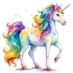 Obraz na płótnie Canvas Cartoon watercolor unicorn illustration, fairy tale creature on transparent background
