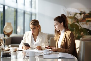 Two professional women engaged in a business meeting, technology and collaboration