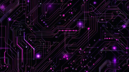 Futuristic Neon Circuit Board Background with Glowing Purple and Pink Elements. Horizontal cyber technology background