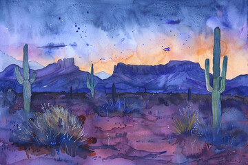 Desert scenes at dusk watercolor shades blending into night