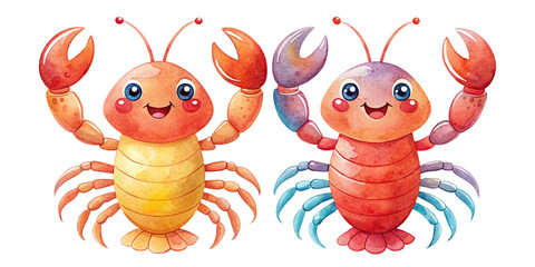 Two Colorful Red Lobster set. Watercolor illustration isolated on transparent background