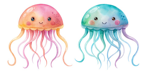 Two Colorful jellyfish set. Watercolor illustration isolated on transparent background, Sea animals, Ocean inhabitants