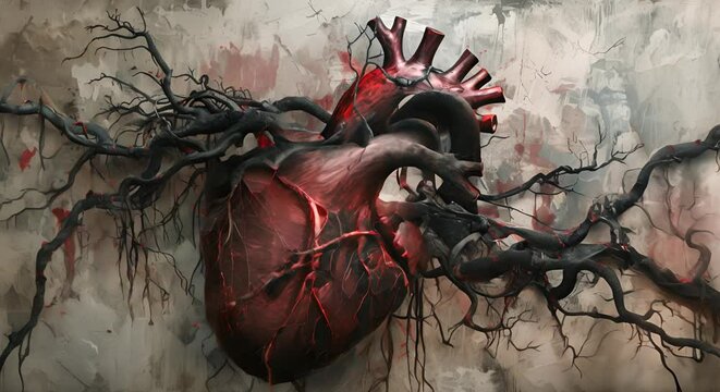 the human heart intertwined with dark vines of pollution, reflecting the health impacts of environmental neglect,