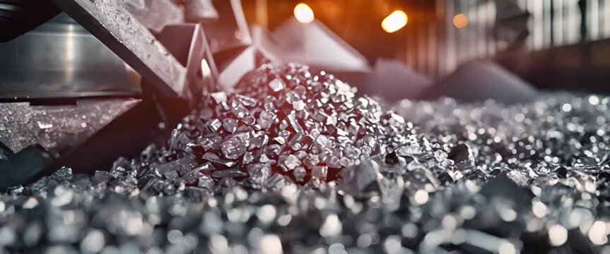 Raw materials like cobalt and nickel being prepared for battery production, processing equipment blurred