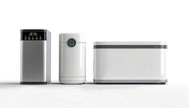 Realistic Image of smart appliances on a white background, Stock photo style.