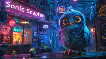 Night city street with an owl perched above - obrazy, fototapety, plakaty
