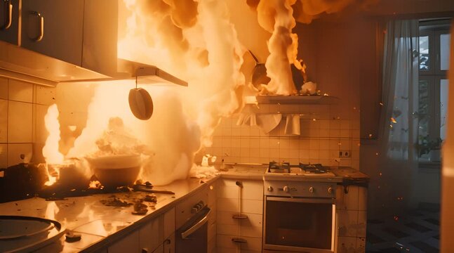 there is a fire in the kitchen, a large flame of fire on the oven and stove, an accident, a threat, carelessness