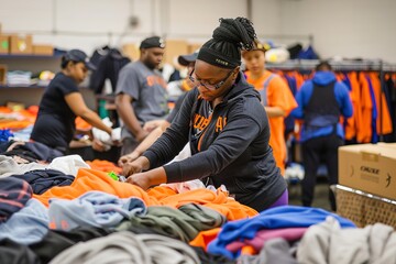 Community Aid: Volunteers Sorting Donated Clothes at Charity Donation Center Generative Ai - Powered by Adobe