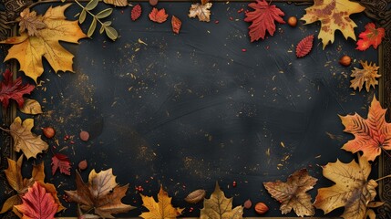 Leaves of Fall in Walnut Border on a Dark Background