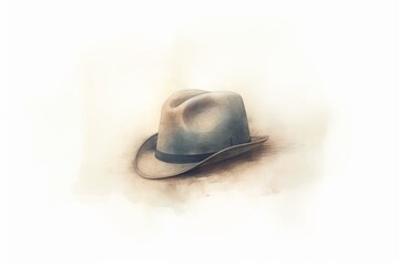 A gray trilby hat, painted in watercolors, sits at a jaunty angle. - obrazy, fototapety, plakaty