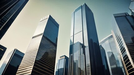 Modern skyscrapers rise in the business district against a blue sky. The view of skyscrapers through office building windows symbolizes business and economic growth